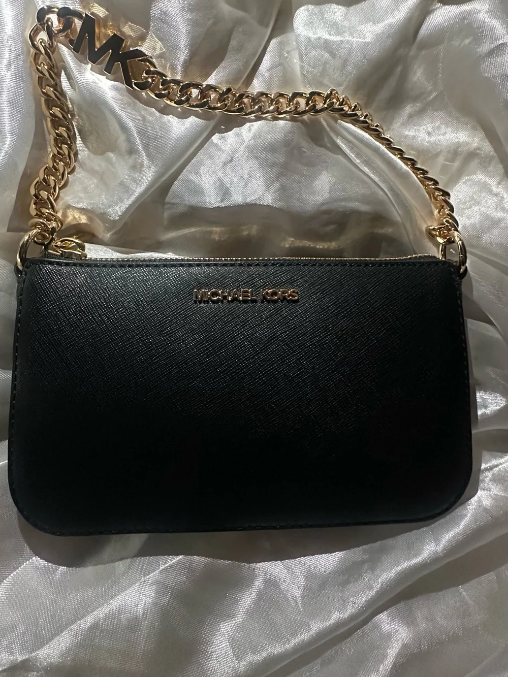 MICHAEL KORS Black Saffiano Clutch with Gold Chain Strap